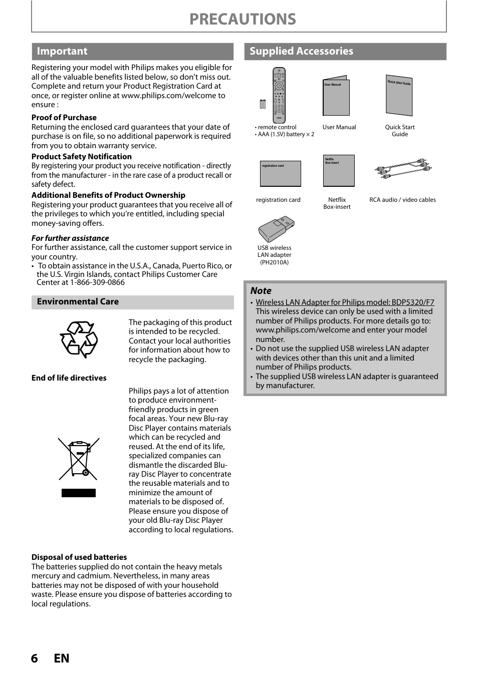 Precautions, Important, Supplied accessories | Philips BDP5320/F8 User Manual | Page 6 / 68