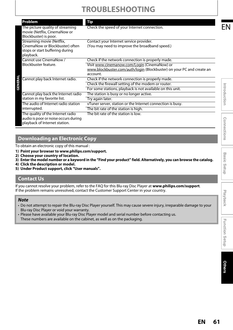 Downloading an electronic copy contact us, Troubleshooting | Philips BDP5320/F8 User Manual | Page 61 / 68