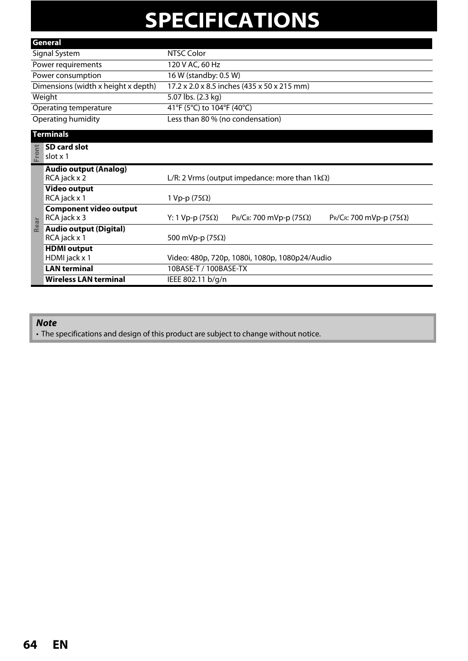 Specifications, En 64 | Philips BDP5320/F8 User Manual | Page 64 / 68