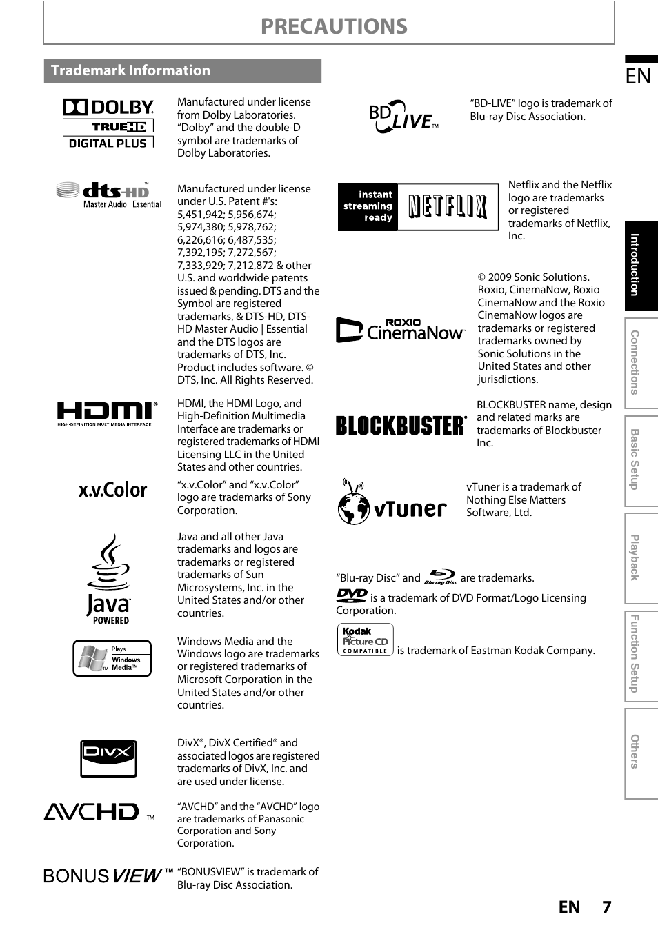 Precautions, Trademark information | Philips BDP5320/F8 User Manual | Page 7 / 68