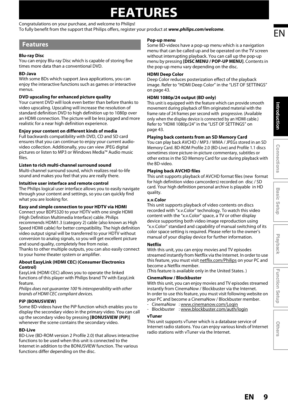 Features | Philips BDP5320/F8 User Manual | Page 9 / 68