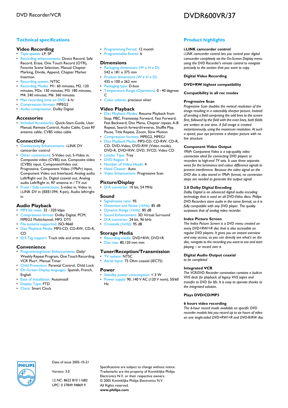 Dvd recorder/vcr | Philips DVD Recorder/VCR DVDR600VR User Manual | Page 2 / 2