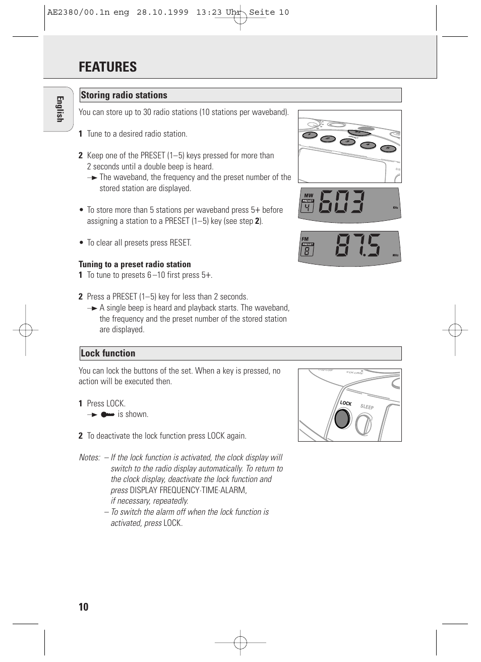 Features, Lock function, Storing radio stations | 2 press a preset (1–5) key for less than 2 seconds | Philips AE2380 User Manual | Page 10 / 90