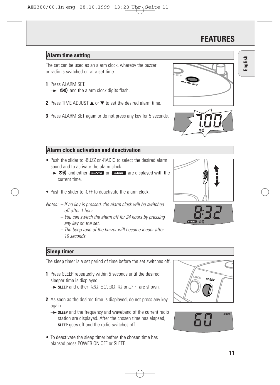 Features, Sleep timer, Alarm clock activation and deactivation | Alarm time setting, English | Philips AE2380 User Manual | Page 11 / 90