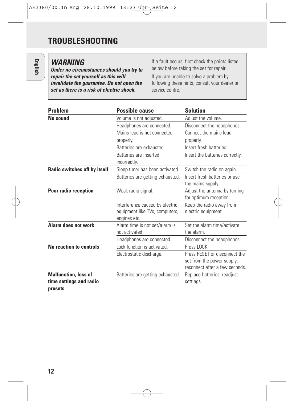 Troubleshooting, Warning | Philips AE2380 User Manual | Page 12 / 90
