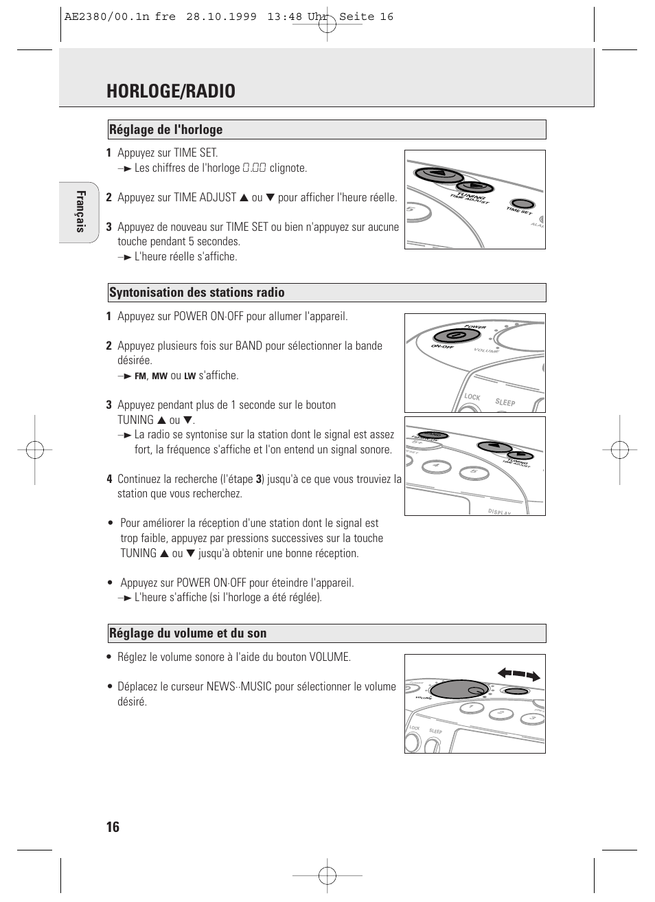 Horloge/radio, Réglage du volume et du son, Syntonisation des stations radio | Réglage de l'horloge, Français 1 appuyez sur time set | Philips AE2380 User Manual | Page 16 / 90