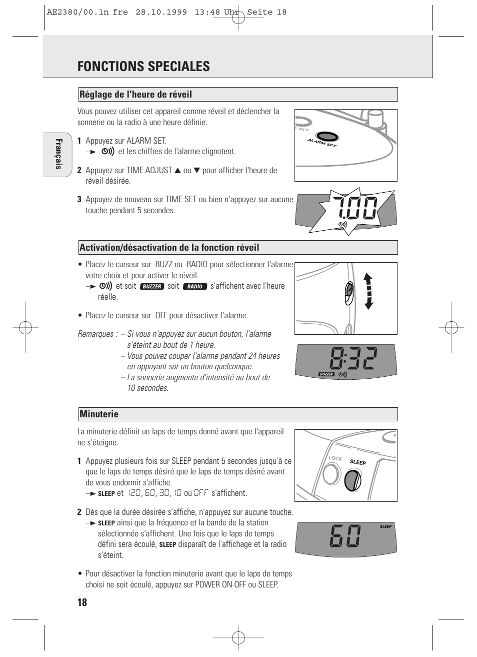 Fonctions speciales, Minuterie, Activation/désactivation de la fonction réveil | Réglage de l'heure de réveil | Philips AE2380 User Manual | Page 18 / 90