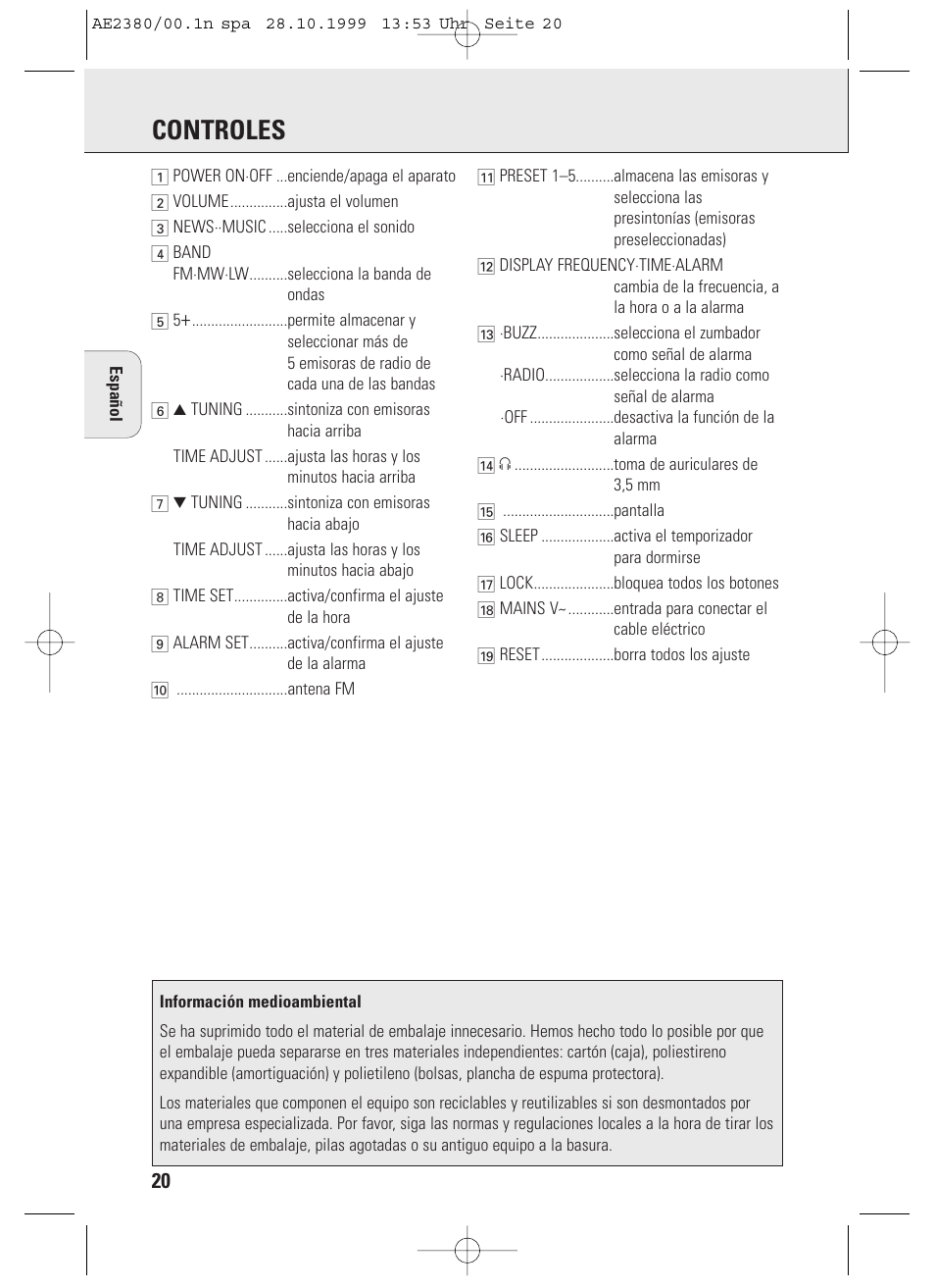 Controles | Philips AE2380 User Manual | Page 20 / 90