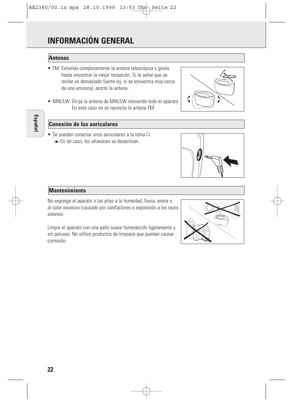 Información general, Mantenimiento, Conexión de los auriculares antenas | Philips AE2380 User Manual | Page 22 / 90