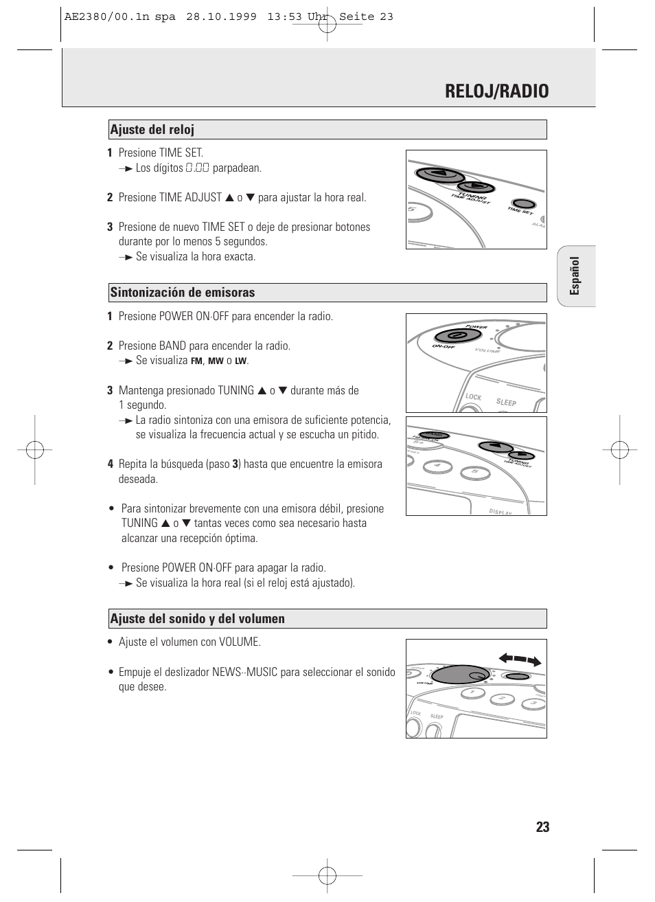 Reloj/radio, Ajuste del sonido y del volumen, Sintonización de emisoras | Ajuste del reloj, 1 presione time set, Se visualiza | Philips AE2380 User Manual | Page 23 / 90