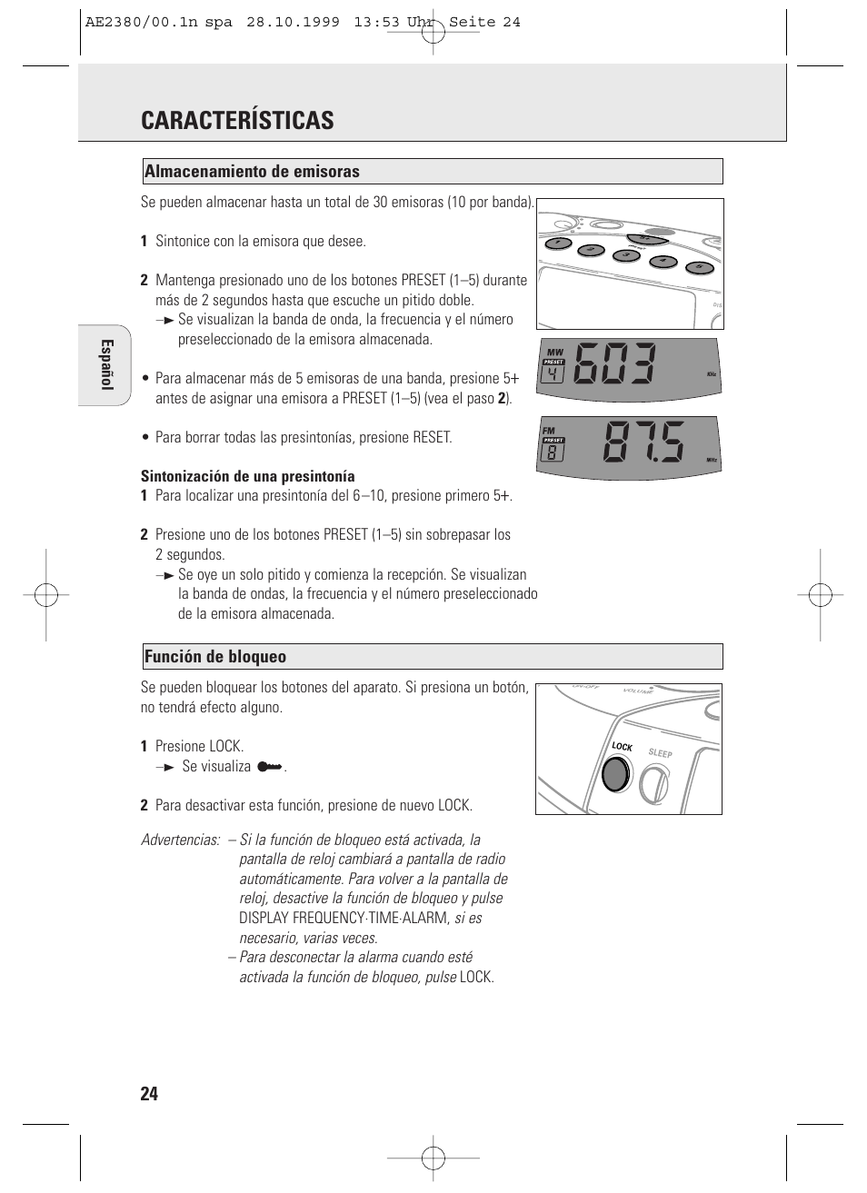 Características, Función de bloqueo, Almacenamiento de emisoras | Philips AE2380 User Manual | Page 24 / 90