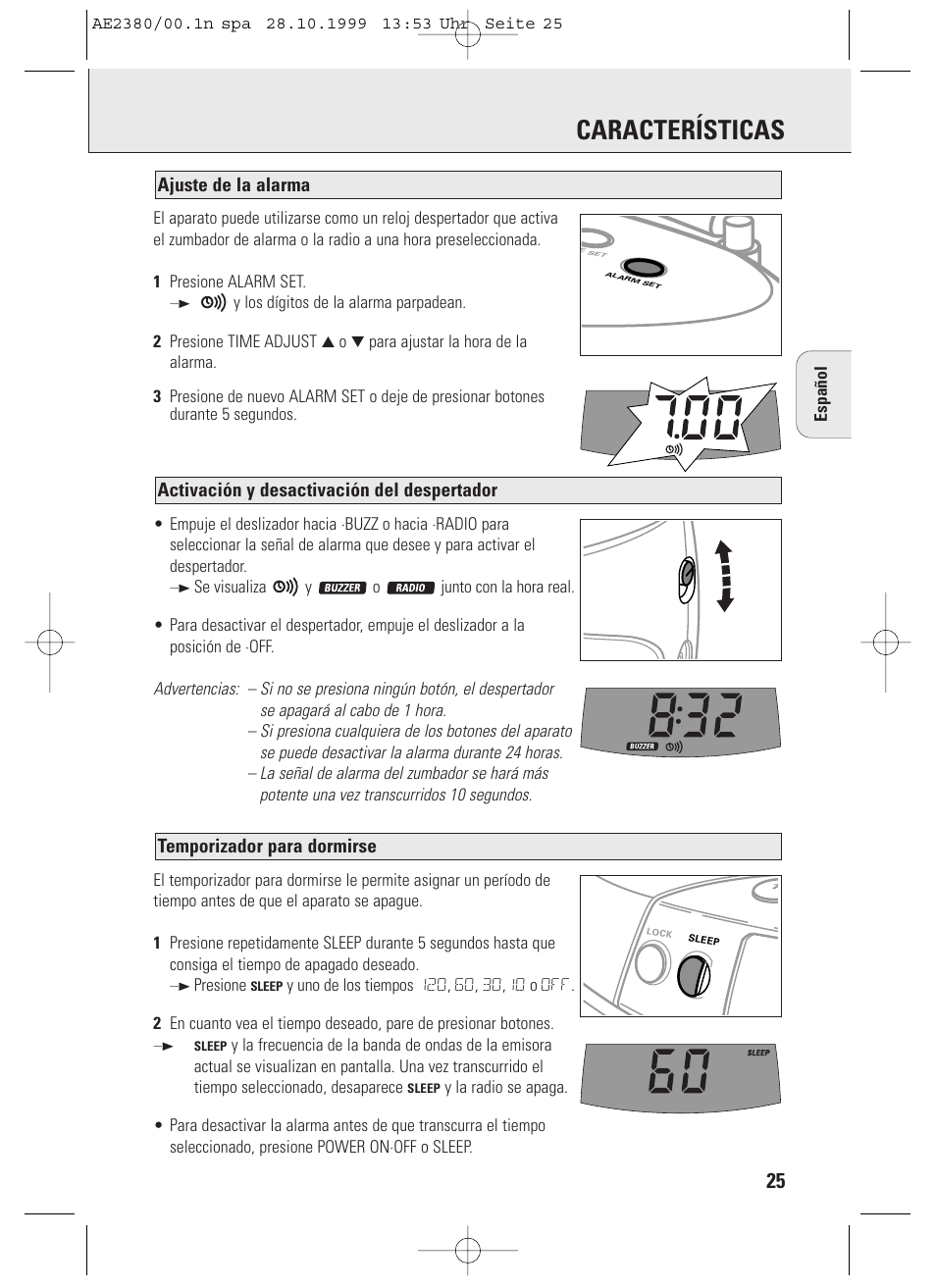 Características, Temporizador para dormirse, Activación y desactivación del despertador | Ajuste de la alarma, Presione | Philips AE2380 User Manual | Page 25 / 90