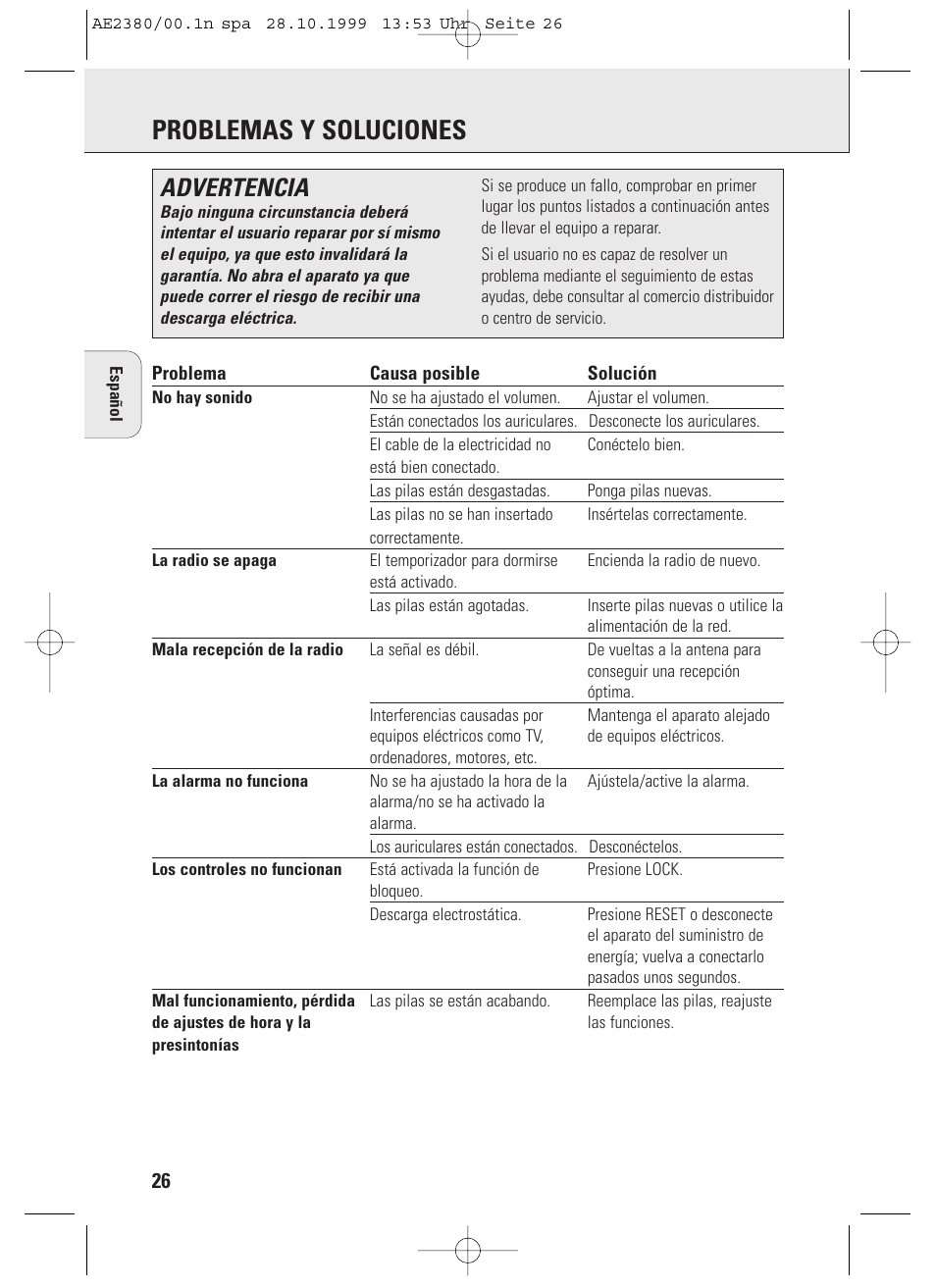 Problemas y soluciones, Advertencia | Philips AE2380 User Manual | Page 26 / 90