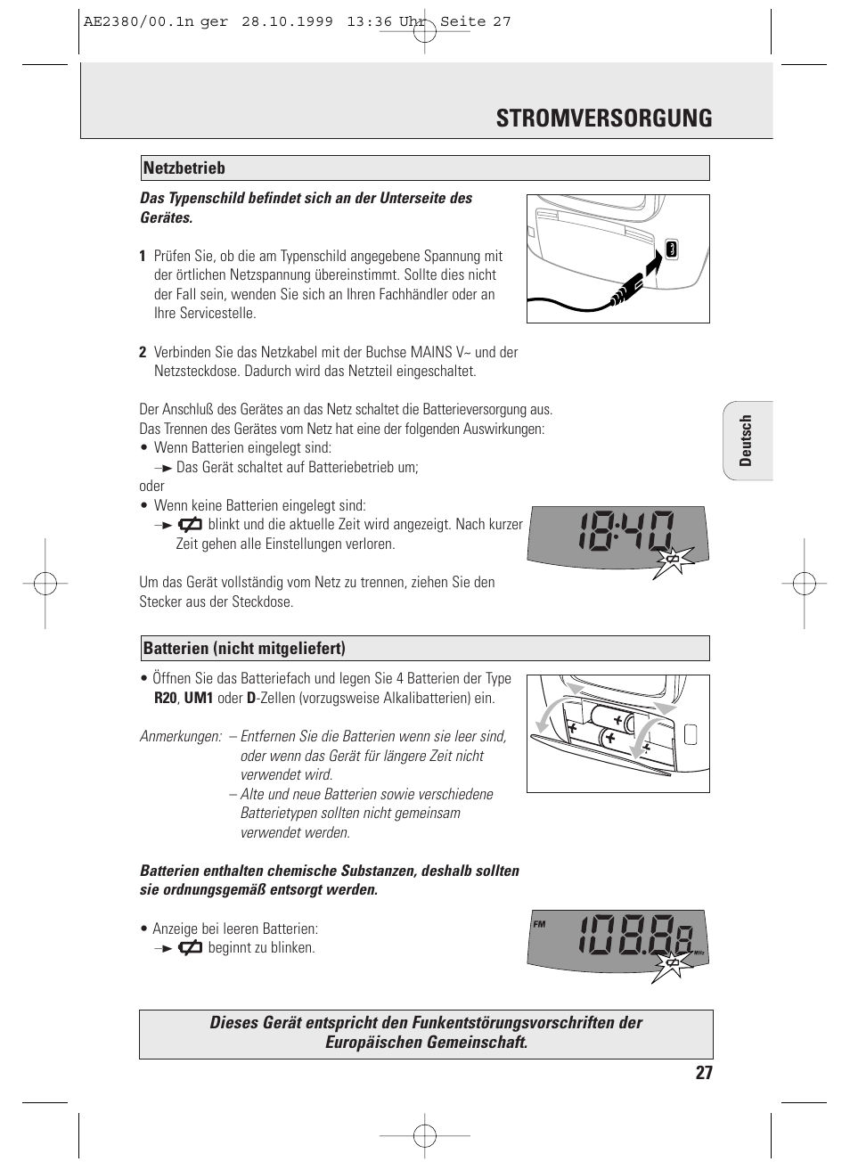 Stromversorgung | Philips AE2380 User Manual | Page 27 / 90