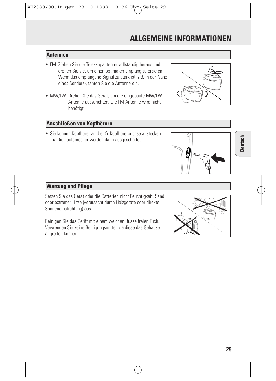 Allgemeine informationen, Wartung und pflege, Anschließen von kopfhörern antennen | Philips AE2380 User Manual | Page 29 / 90