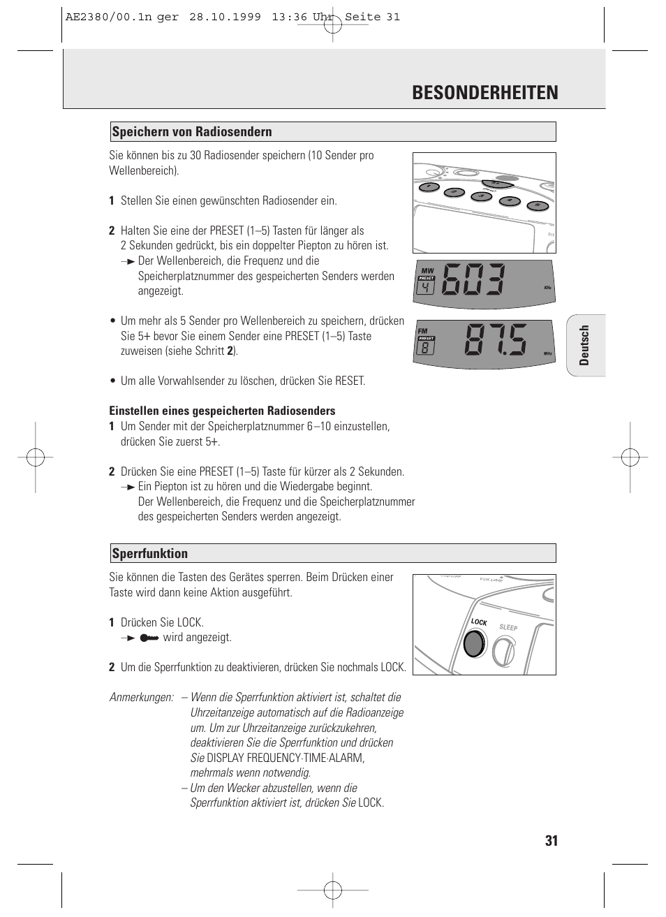 Besonderheiten, Sperrfunktion, Speichern von radiosendern | Philips AE2380 User Manual | Page 31 / 90