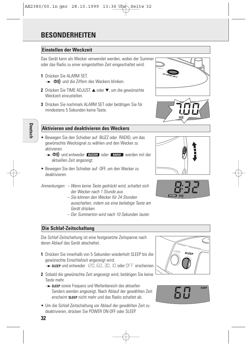 Besonderheiten, Die schlaf-zeitschaltung, Aktivieren und deaktivieren des weckers | Einstellen der weckzeit, Deutsch | Philips AE2380 User Manual | Page 32 / 90