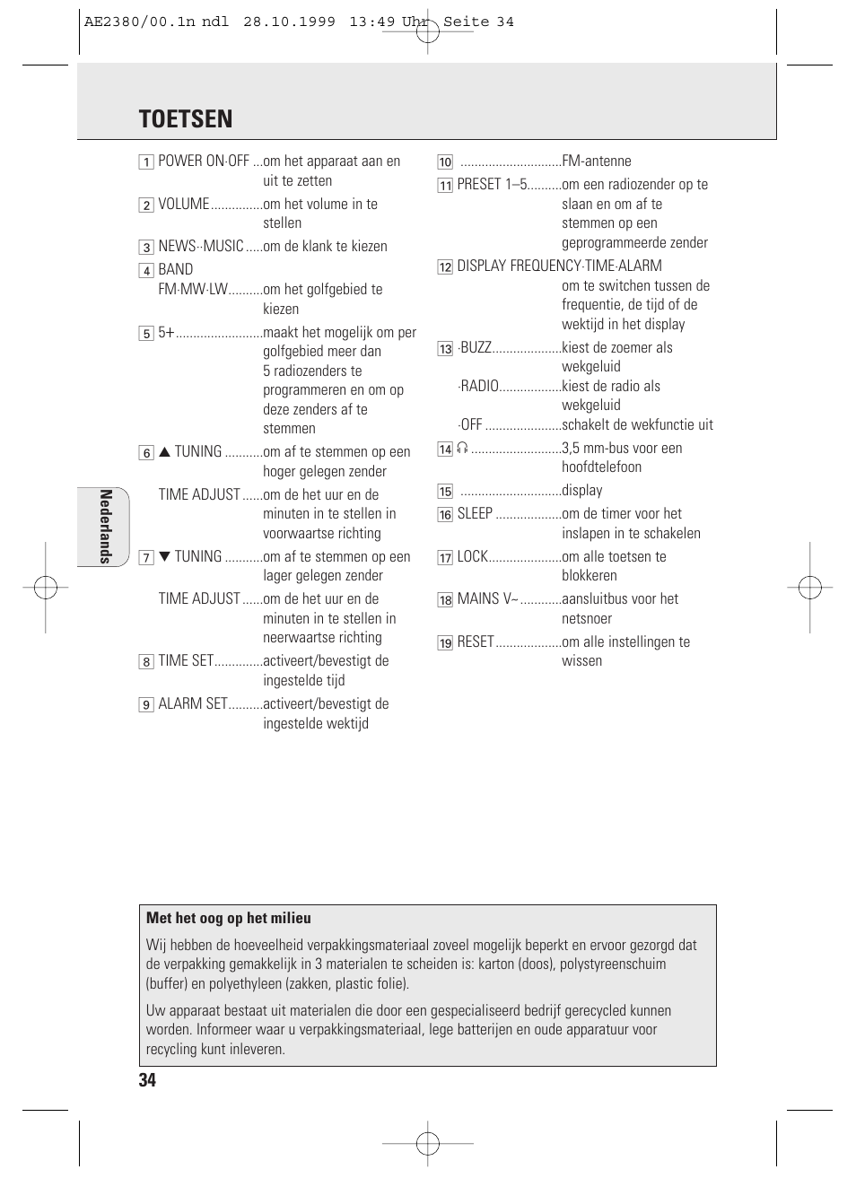 Toetsen | Philips AE2380 User Manual | Page 34 / 90