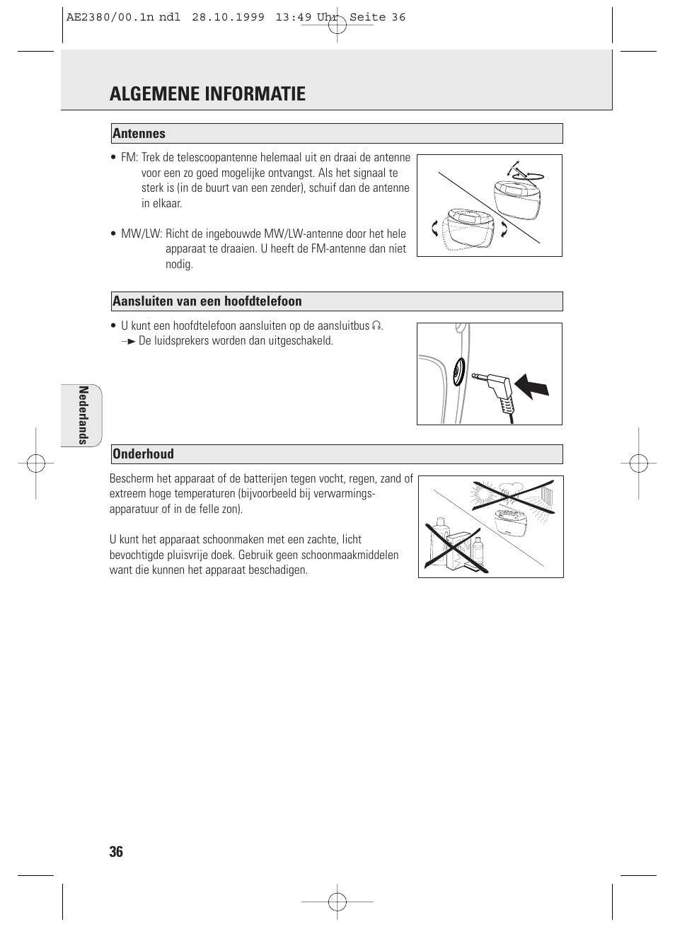 Algemene informatie, Onderhoud, Aansluiten van een hoofdtelefoon antennes | Philips AE2380 User Manual | Page 36 / 90