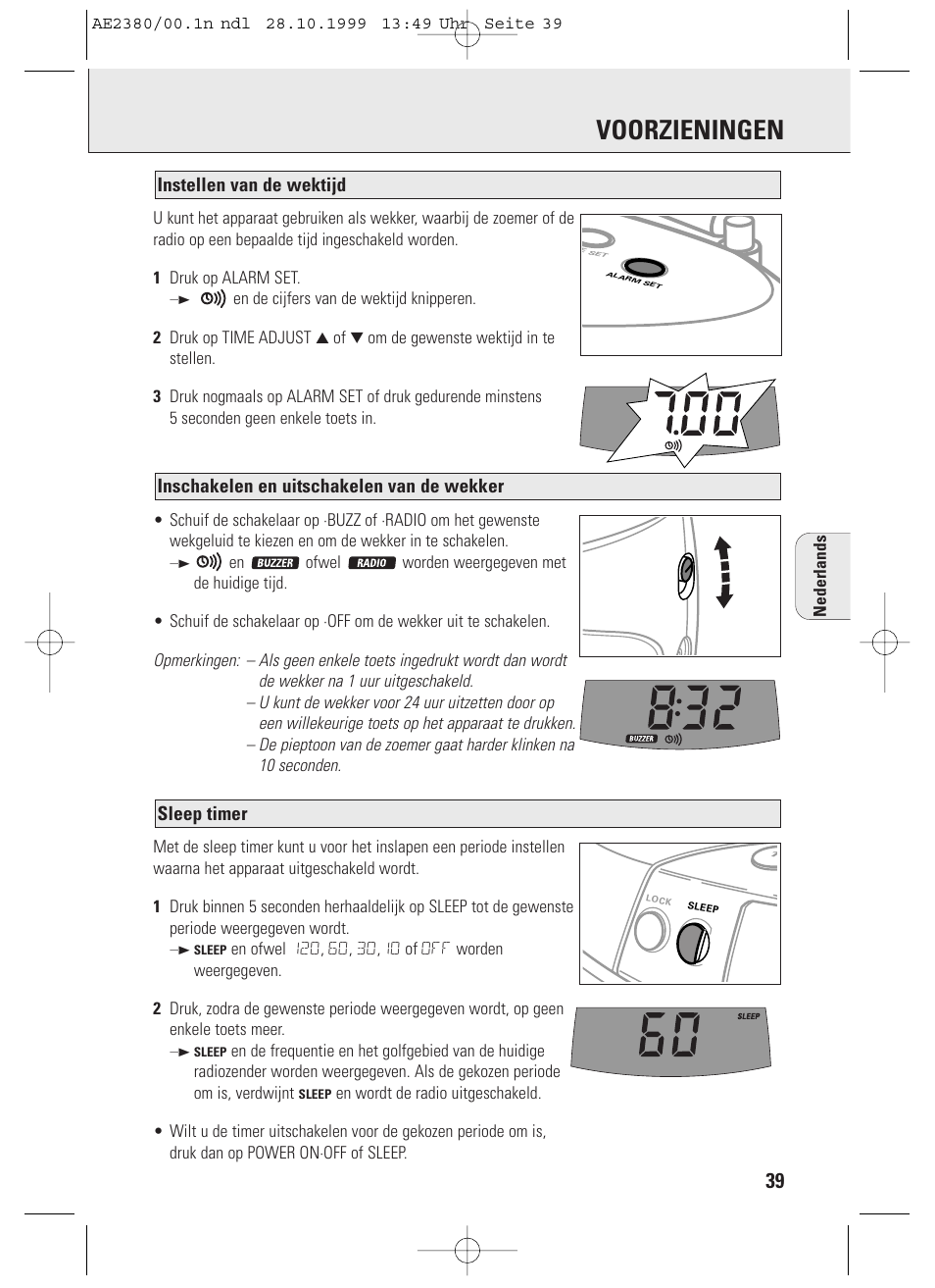 Voorzieningen, Sleep timer, Inschakelen en uitschakelen van de wekker | Instellen van de wektijd, Nederlands | Philips AE2380 User Manual | Page 39 / 90