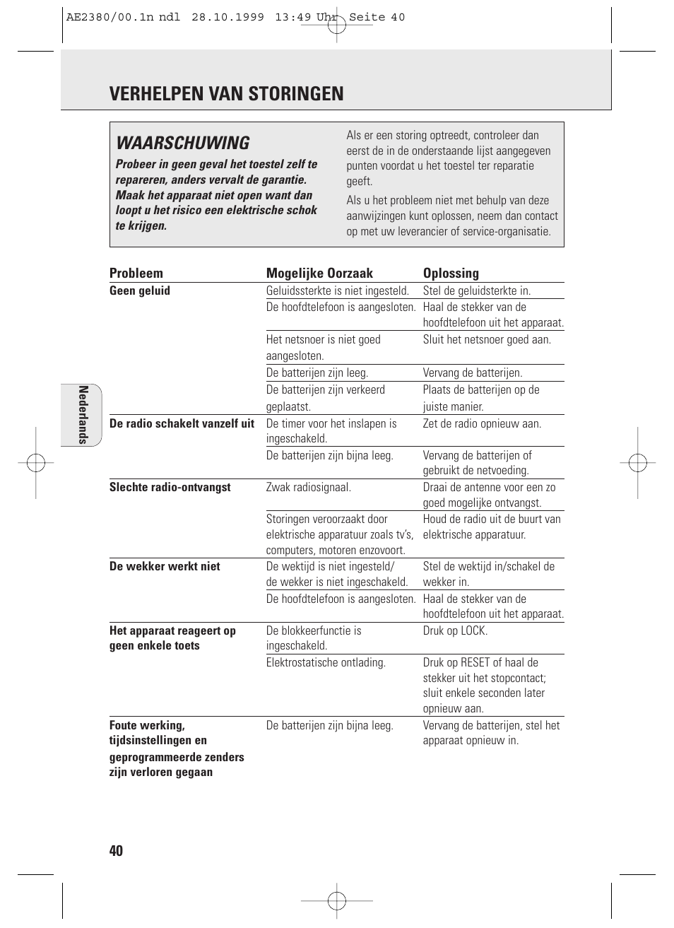 Verhelpen van storingen, Waarschuwing | Philips AE2380 User Manual | Page 40 / 90