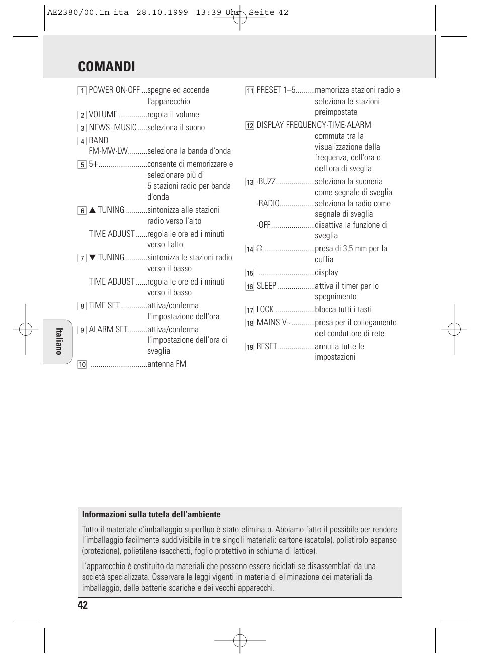 Comandi | Philips AE2380 User Manual | Page 42 / 90