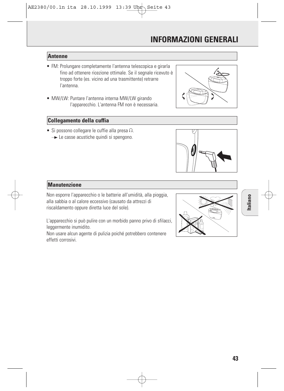 Informazioni generali, Manutenzione, Collegamento della cuffia antenne | Philips AE2380 User Manual | Page 43 / 90