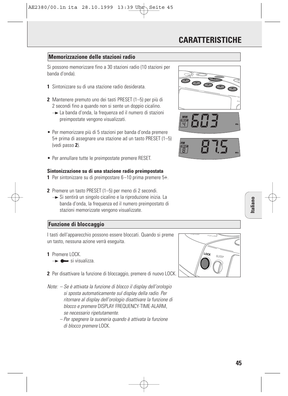 Caratteristiche, Funzione di bloccaggio | Philips AE2380 User Manual | Page 45 / 90