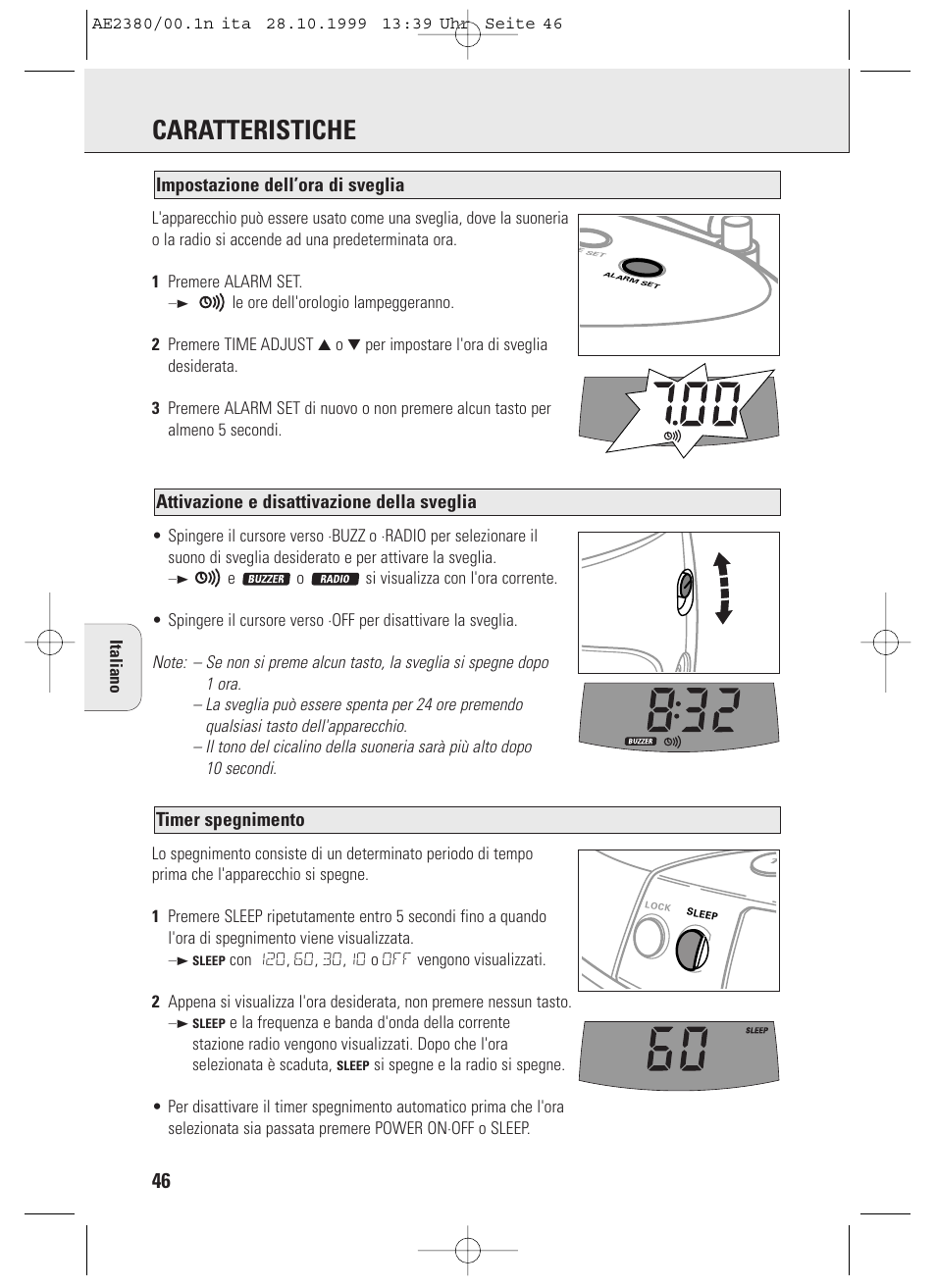 Caratteristiche, Timer spegnimento, Attivazione e disattivazione della sveglia | Impostazione dell’ora di sveglia, Italiano | Philips AE2380 User Manual | Page 46 / 90