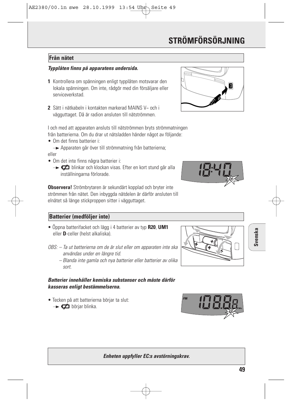 Strömförsörjning | Philips AE2380 User Manual | Page 49 / 90