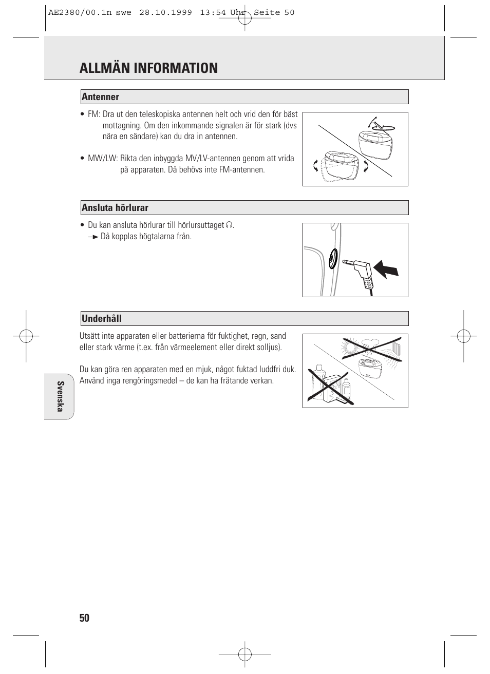 Allmän information, Underhåll, Ansluta hörlurar antenner | Philips AE2380 User Manual | Page 50 / 90