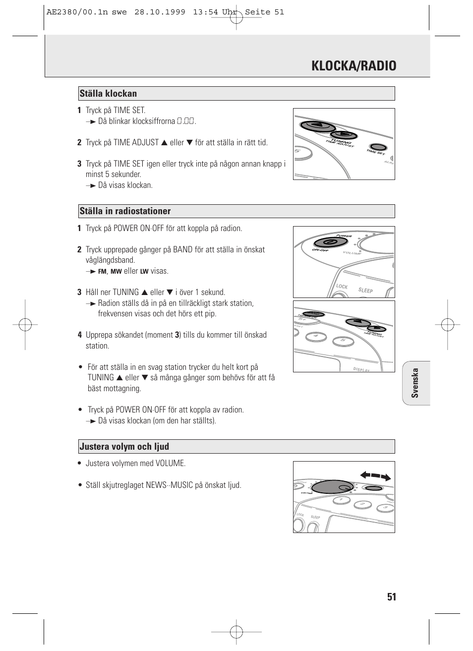 Klocka/radio, Justera volym och ljud, Ställa in radiostationer | Ställa klockan, Svenska 1 tryck på time set, Eller, Visas. 3 håll ner tuning 3 eller 4 i över 1 sekund | Philips AE2380 User Manual | Page 51 / 90