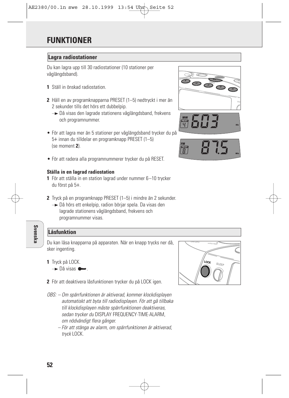 Funktioner, Låsfunktion, Lagra radiostationer | Philips AE2380 User Manual | Page 52 / 90