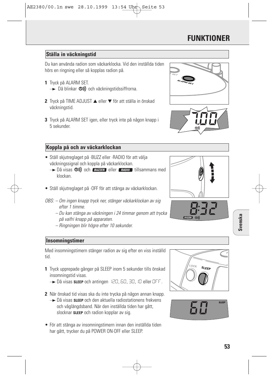 Funktioner, Insomningstimer, Koppla på och av väckarklockan | Ställa in väckningstid, Svenska, Då visas | Philips AE2380 User Manual | Page 53 / 90