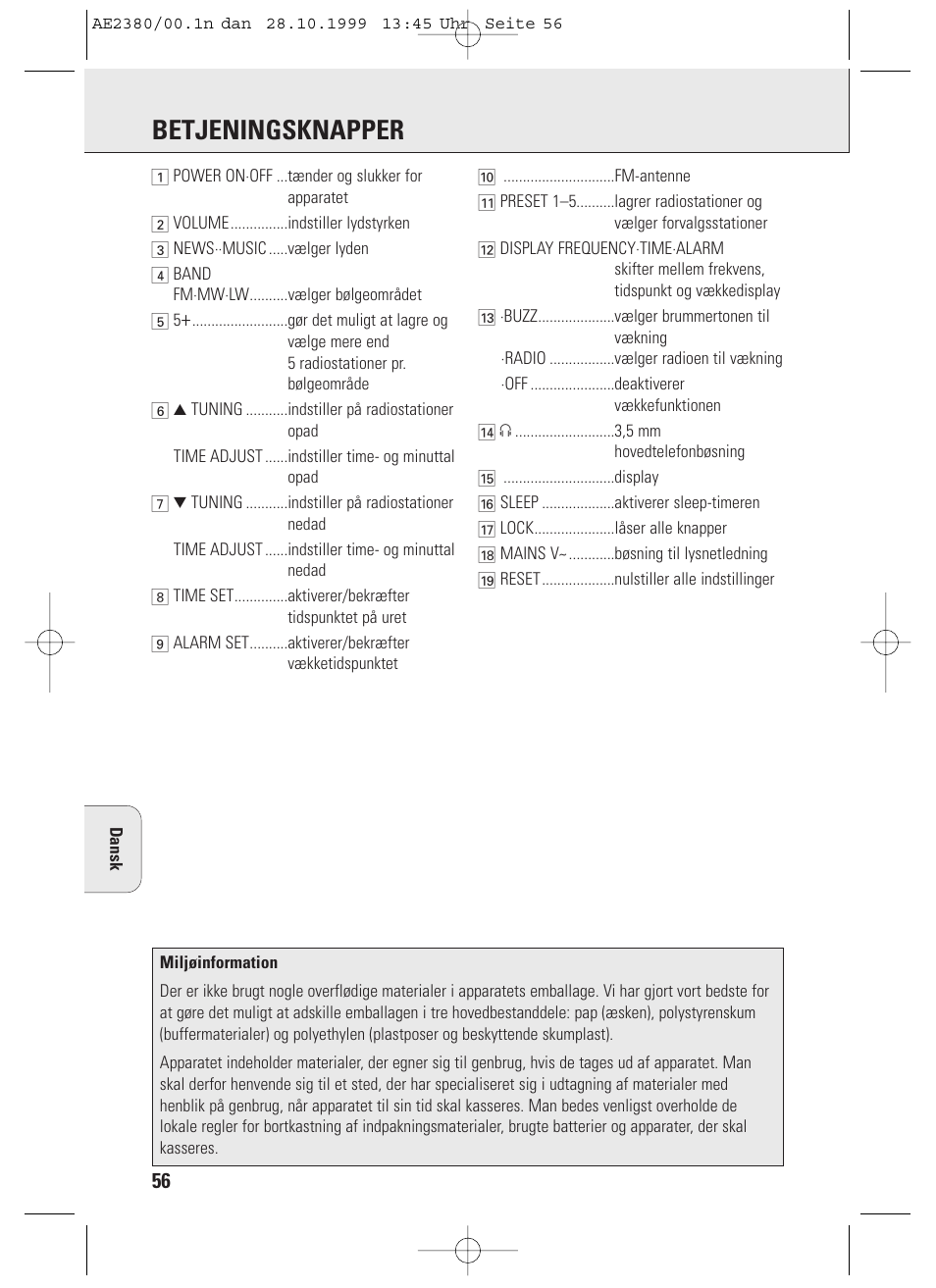 Betjeningsknapper | Philips AE2380 User Manual | Page 56 / 90