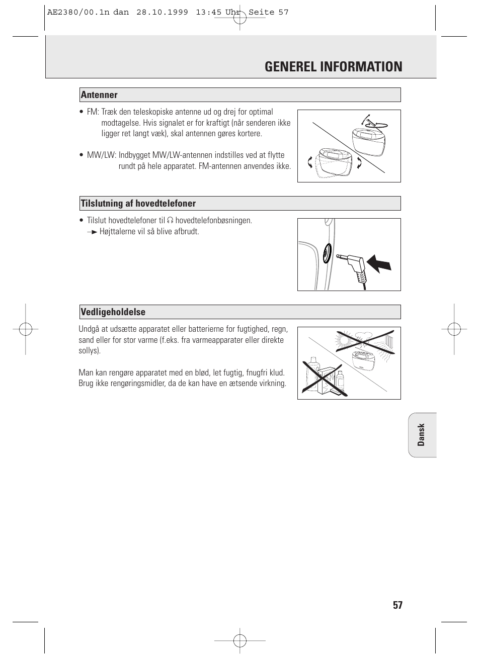 Generel information, Vedligeholdelse, Tilslutning af hovedtelefoner antenner | Philips AE2380 User Manual | Page 57 / 90