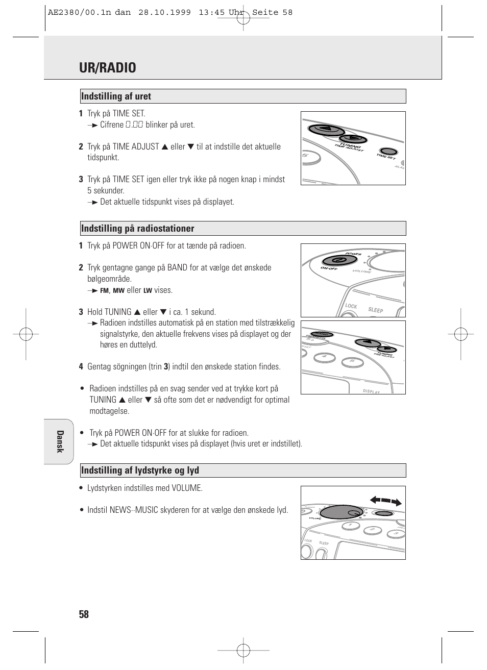 Ur/radio, Indstilling af lydstyrke og lyd, Indstilling på radiostationer | Indstilling af uret, Dansk 1 tryk på time set, Eller, Vises. 3 hold tuning 3 eller 4 i ca. 1 sekund | Philips AE2380 User Manual | Page 58 / 90