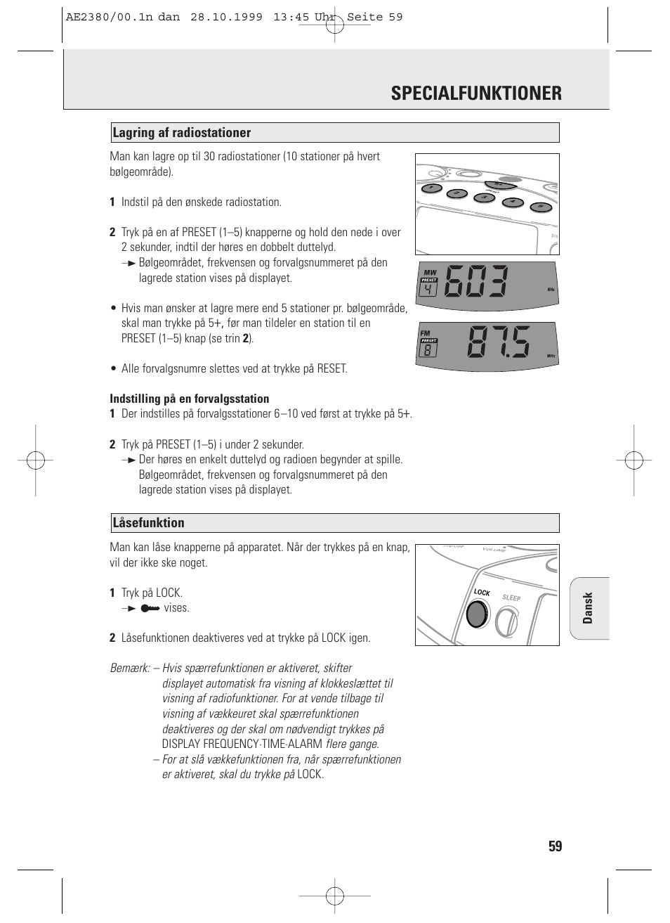 Specialfunktioner, Låsefunktion, Lagring af radiostationer | 2 tryk på preset (1–5) i under 2 sekunder | Philips AE2380 User Manual | Page 59 / 90
