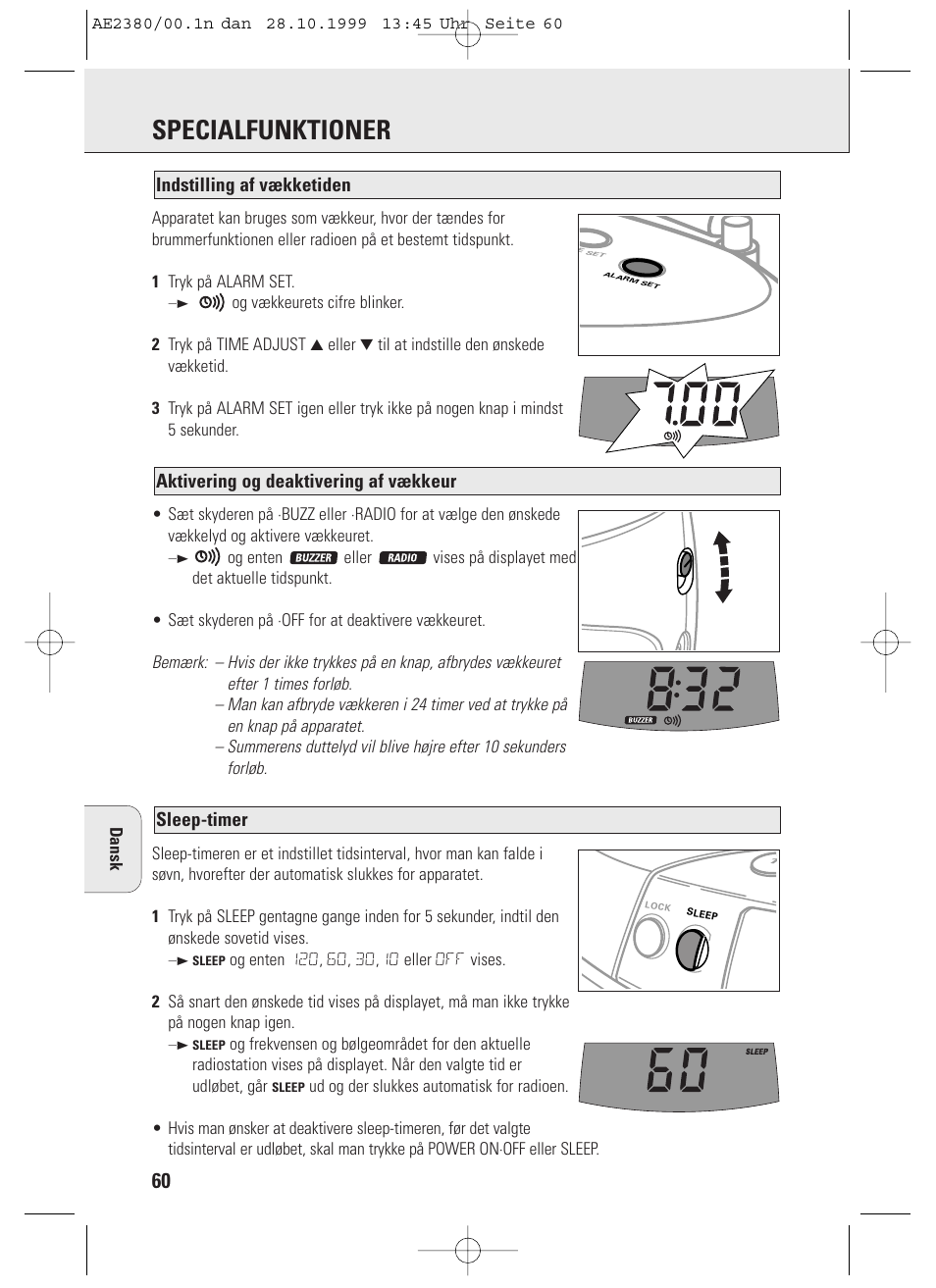 Specialfunktioner, Sleep-timer, Aktivering og deaktivering af vækkeur | Indstilling af vækketiden, Dansk | Philips AE2380 User Manual | Page 60 / 90