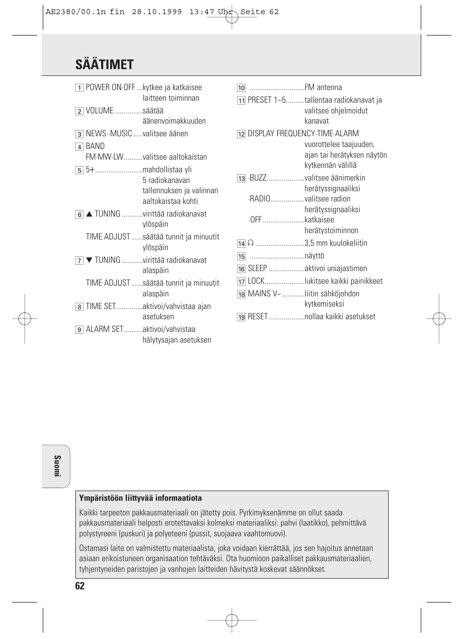 Säätimet | Philips AE2380 User Manual | Page 62 / 90
