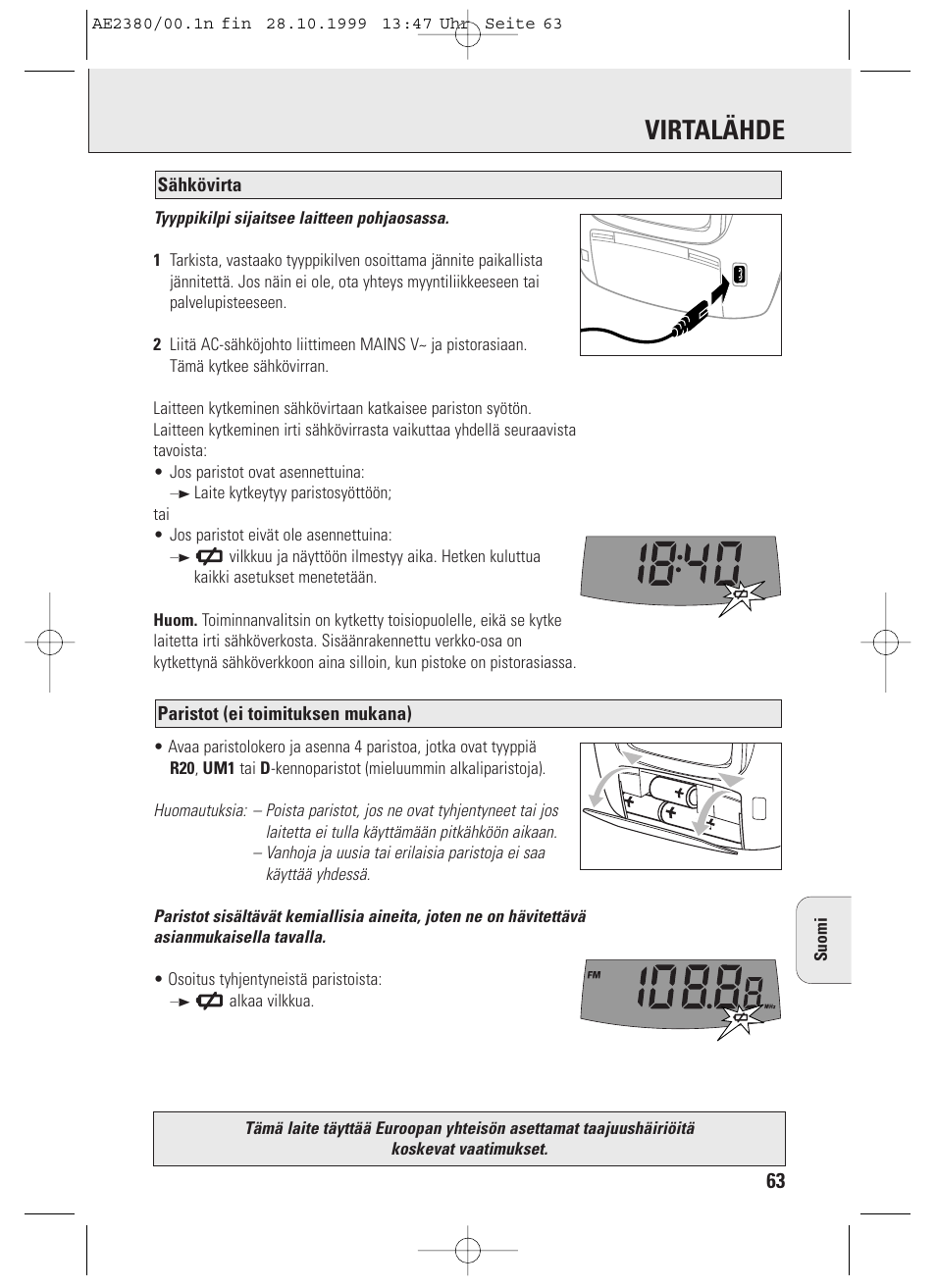 Virtalähde | Philips AE2380 User Manual | Page 63 / 90