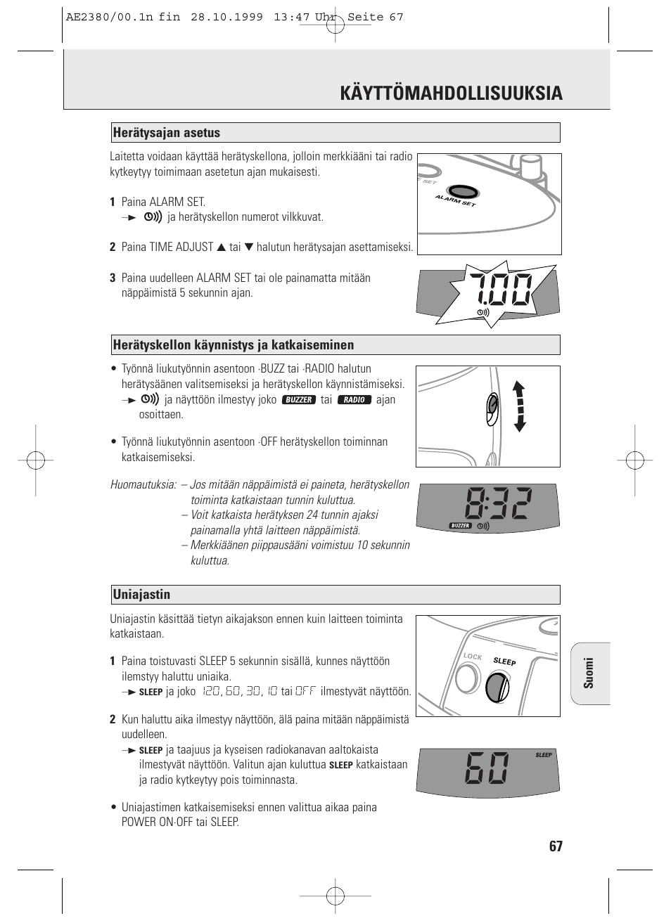 Käyttömahdollisuuksia, Uniajastin, Herätyskellon käynnistys ja katkaiseminen | Herätysajan asetus, Suomi | Philips AE2380 User Manual | Page 67 / 90