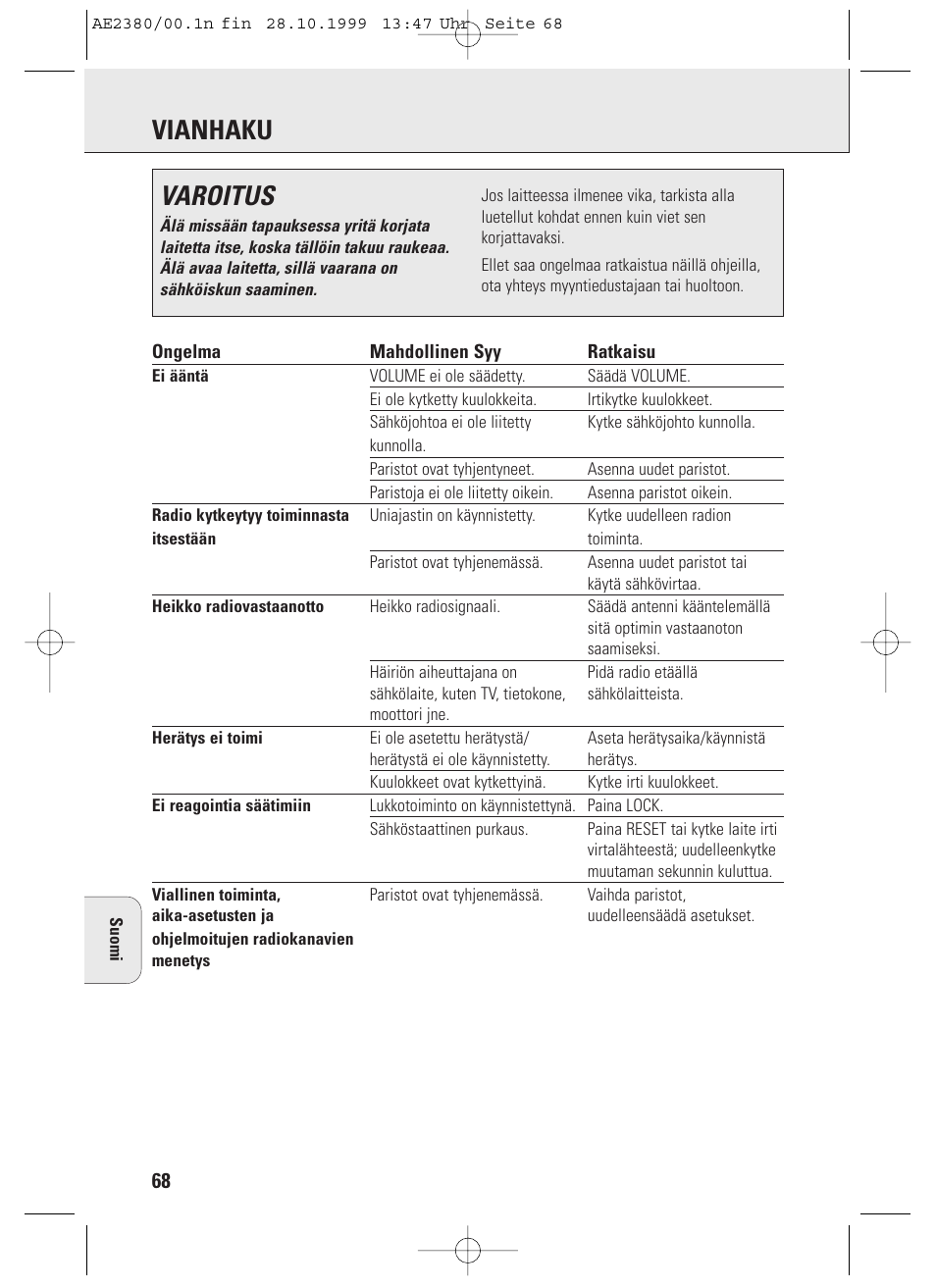 Vianhaku, Varoitus | Philips AE2380 User Manual | Page 68 / 90