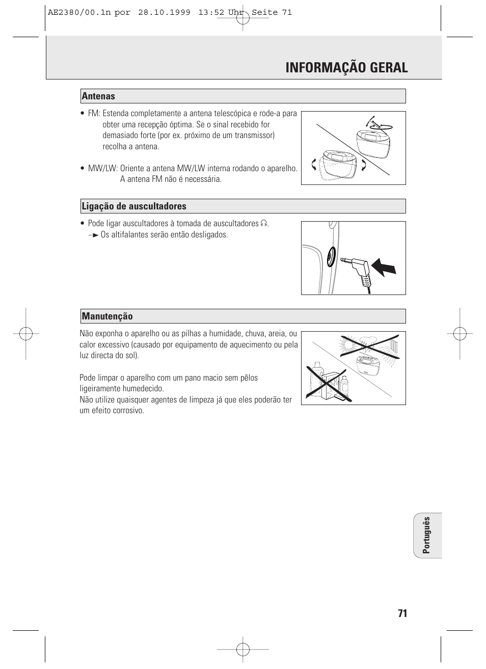 Informação geral, Manutenção, Ligação de auscultadores antenas | Philips AE2380 User Manual | Page 71 / 90