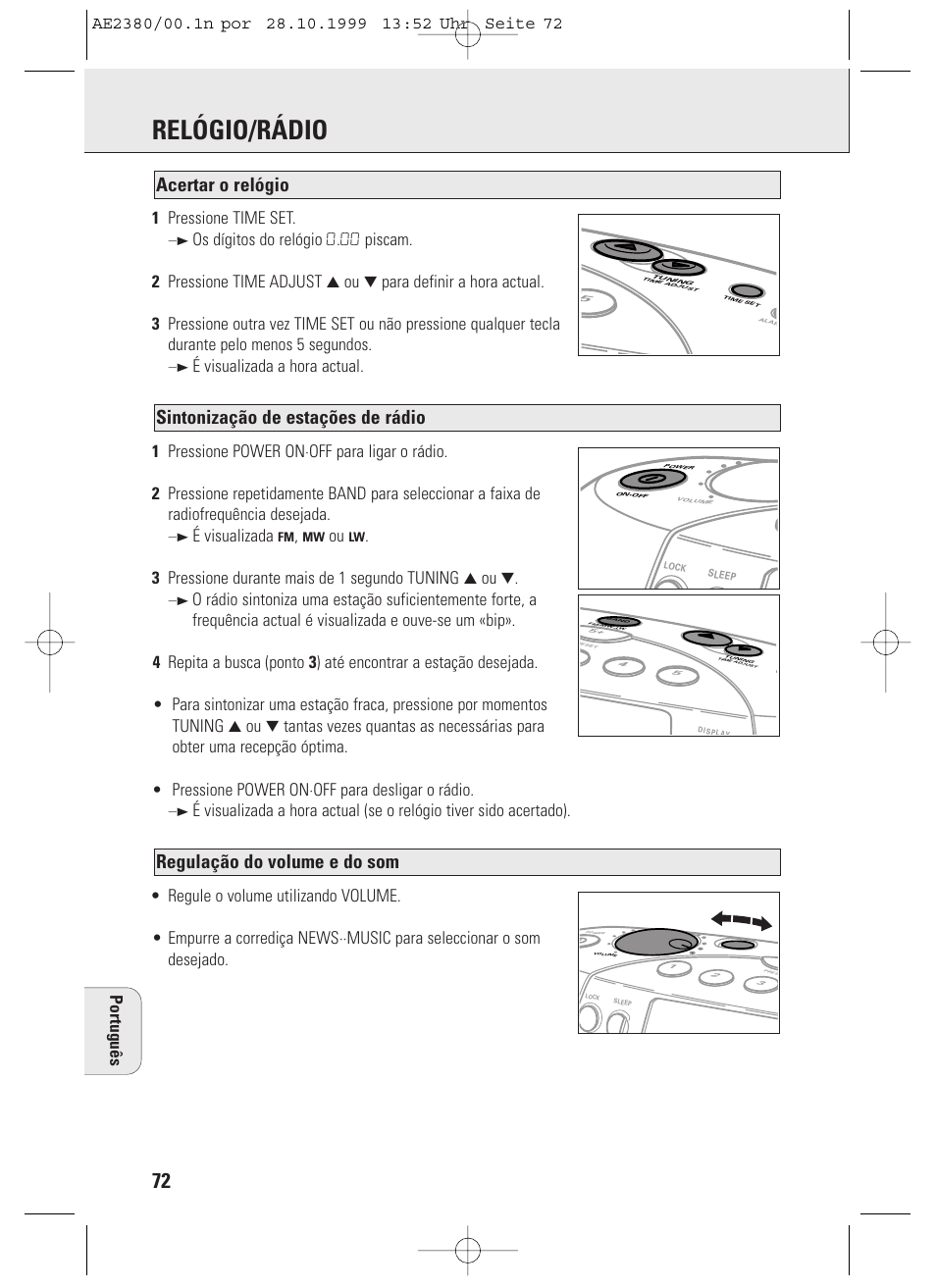 Relógio/rádio, Regulação do volume e do som, Sintonização de estações de rádio | Acertar o relógio, Português 1 pressione time set, É visualizada | Philips AE2380 User Manual | Page 72 / 90