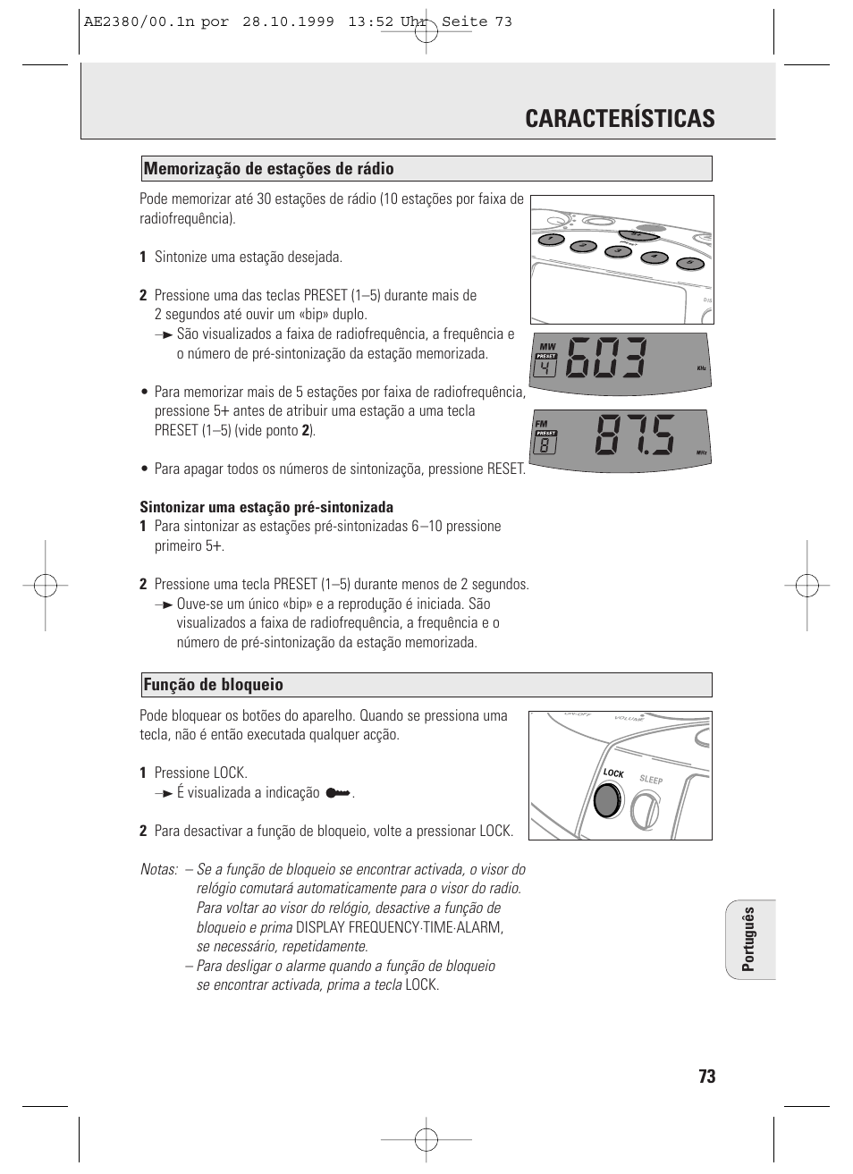 Características, Função de bloqueio | Philips AE2380 User Manual | Page 73 / 90