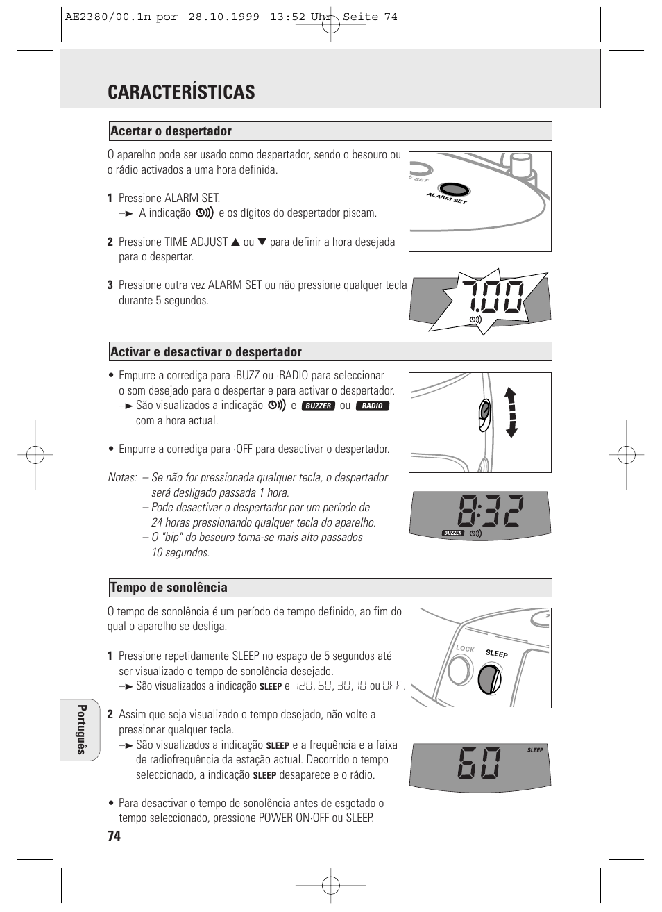 Características, Tempo de sonolência, Activar e desactivar o despertador | Acertar o despertador, Português, São visualizados a indicação | Philips AE2380 User Manual | Page 74 / 90