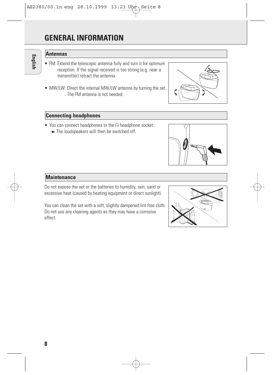 General information, Maintenance, Connecting headphones antennas | Philips AE2380 User Manual | Page 8 / 90