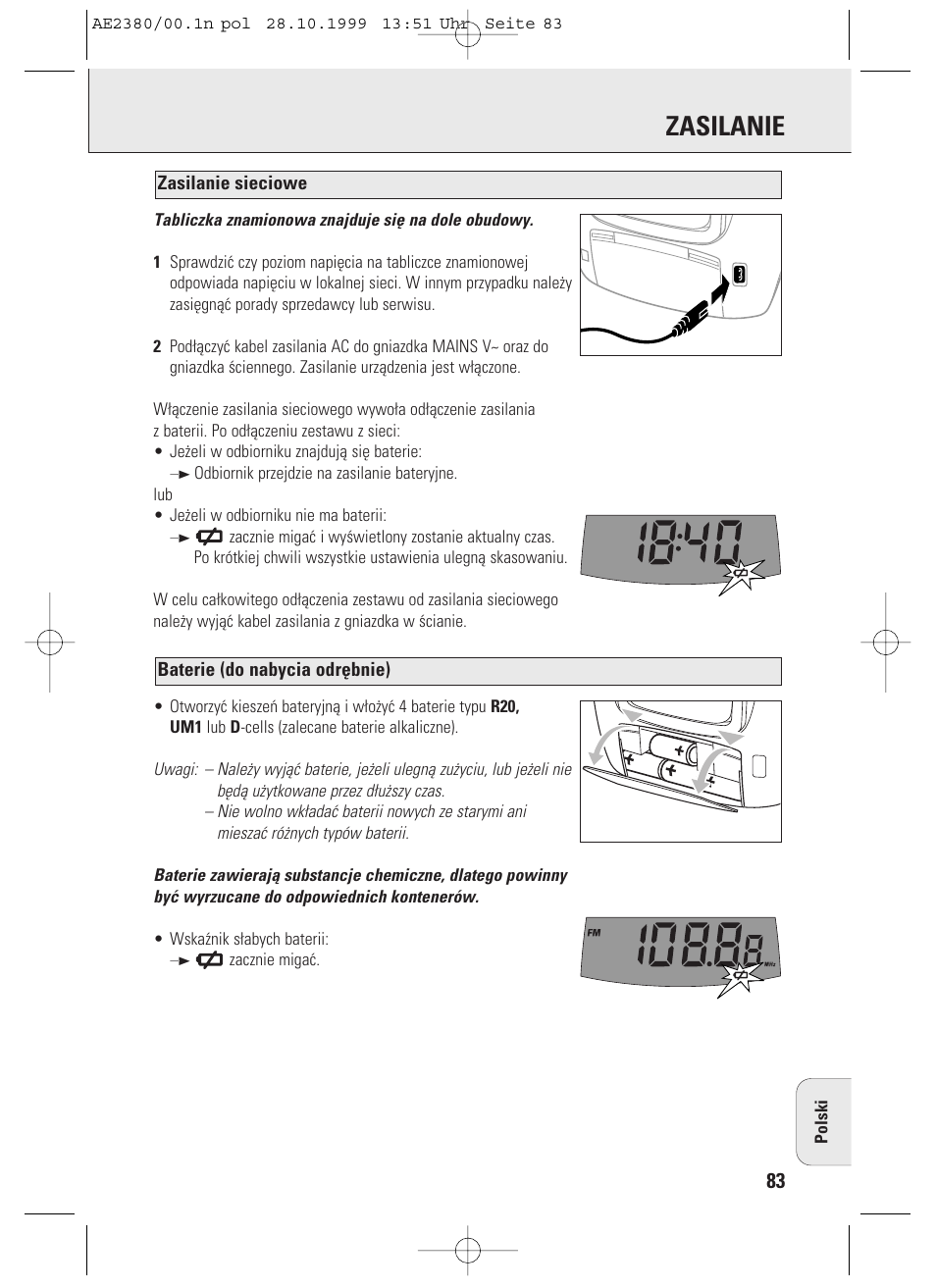 Zasilanie | Philips AE2380 User Manual | Page 83 / 90