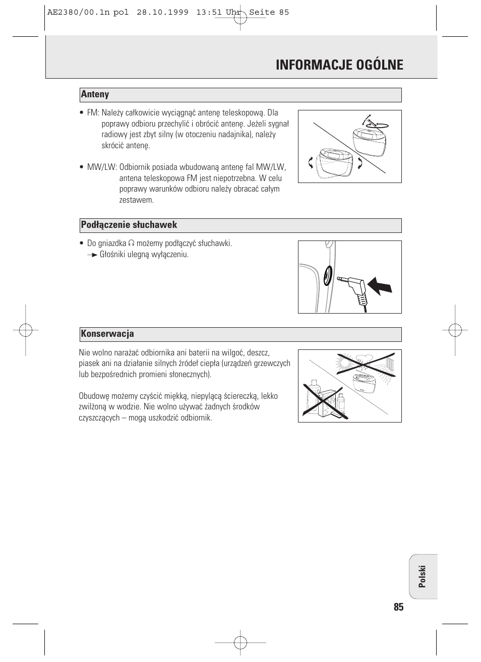 Informacje ogólne, Konserwacja, Pod¬åczenie s¬uchawek anteny | Philips AE2380 User Manual | Page 85 / 90